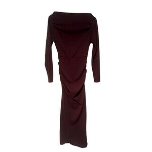 Unbranded Textured Boat Neck Long Sleeve Ruched Maxi Dress Brown Size Large